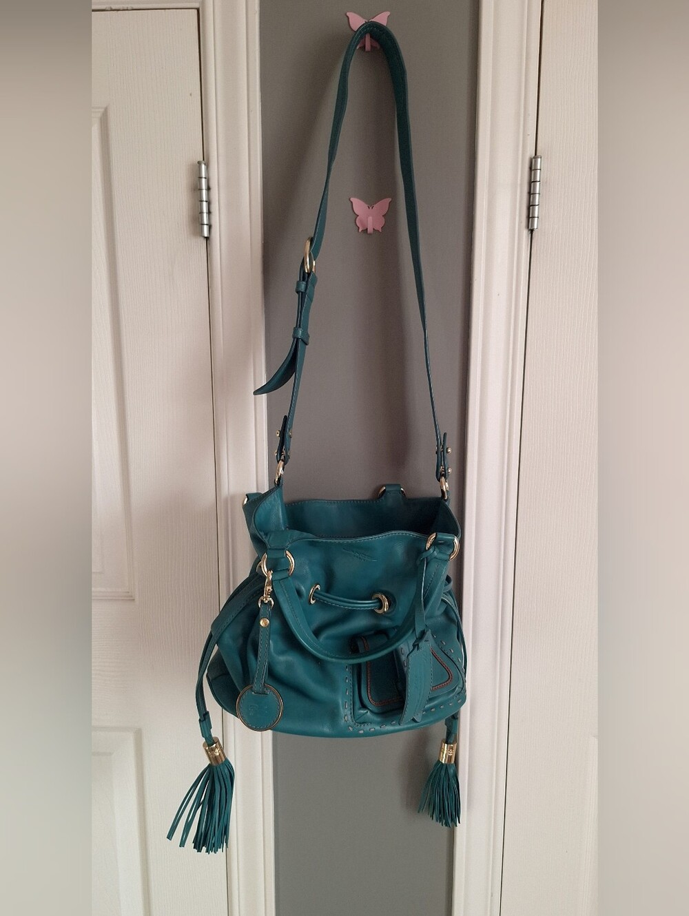 Teal Leather Crossbody Tote Bag by (LANCEL)